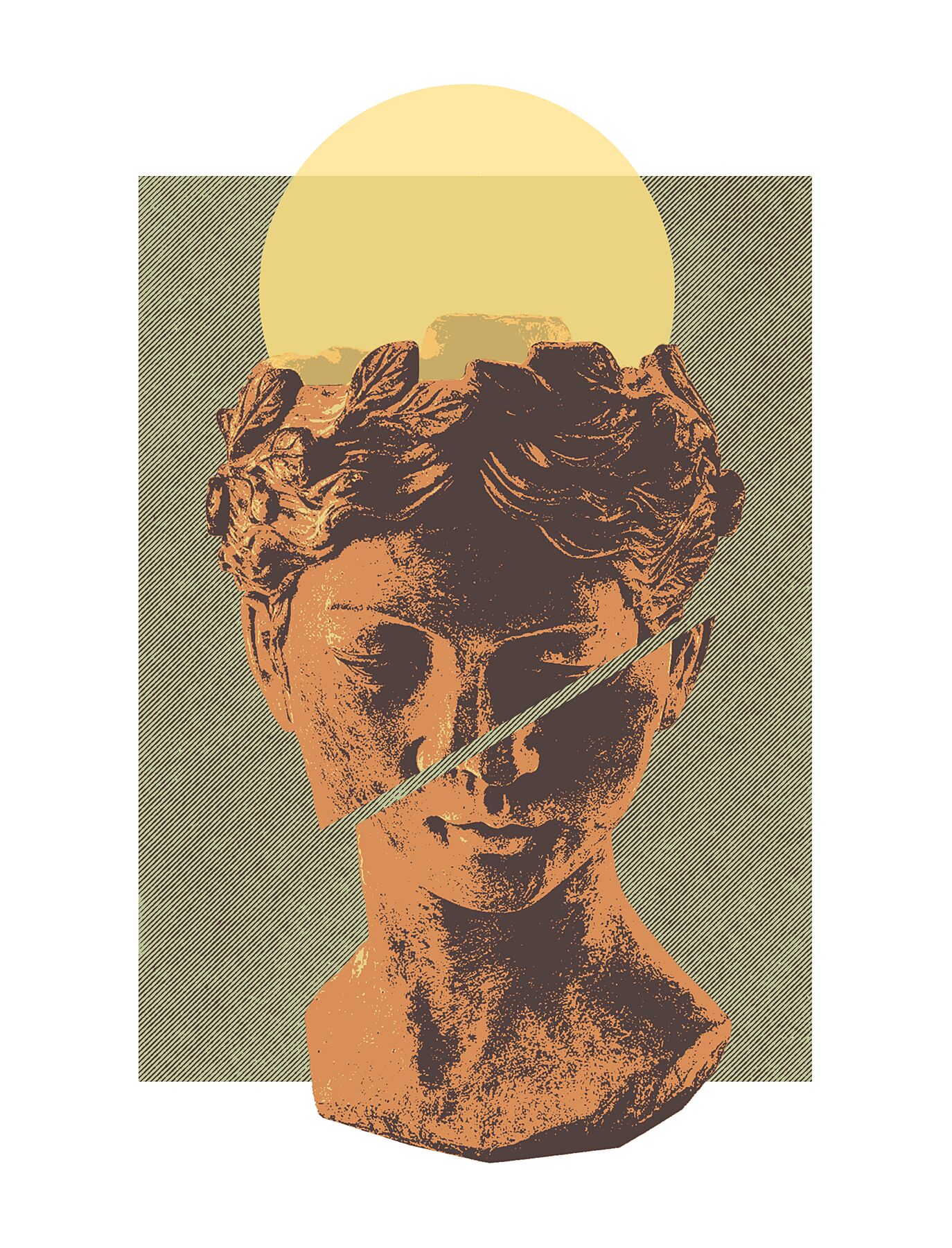 A giclée print titled 'Broken' from Genuine Studio, featuring a split classical bust in earthy tones against a minimalist background with a soft yellow circle. Part of the BLOC collection, printed on Ilford cotton textured paper, A2 size.
