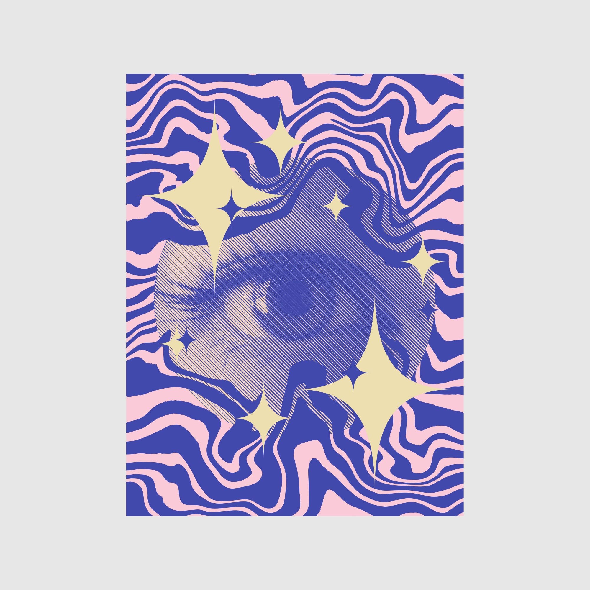 A giclée print titled 'Eye' from Genuine Studio, featuring a detailed eye surrounded by vibrant blue and pink waves and ethereal stars. Part of the BLOC collection, printed on Ilford cotton textured paper, A2 size.