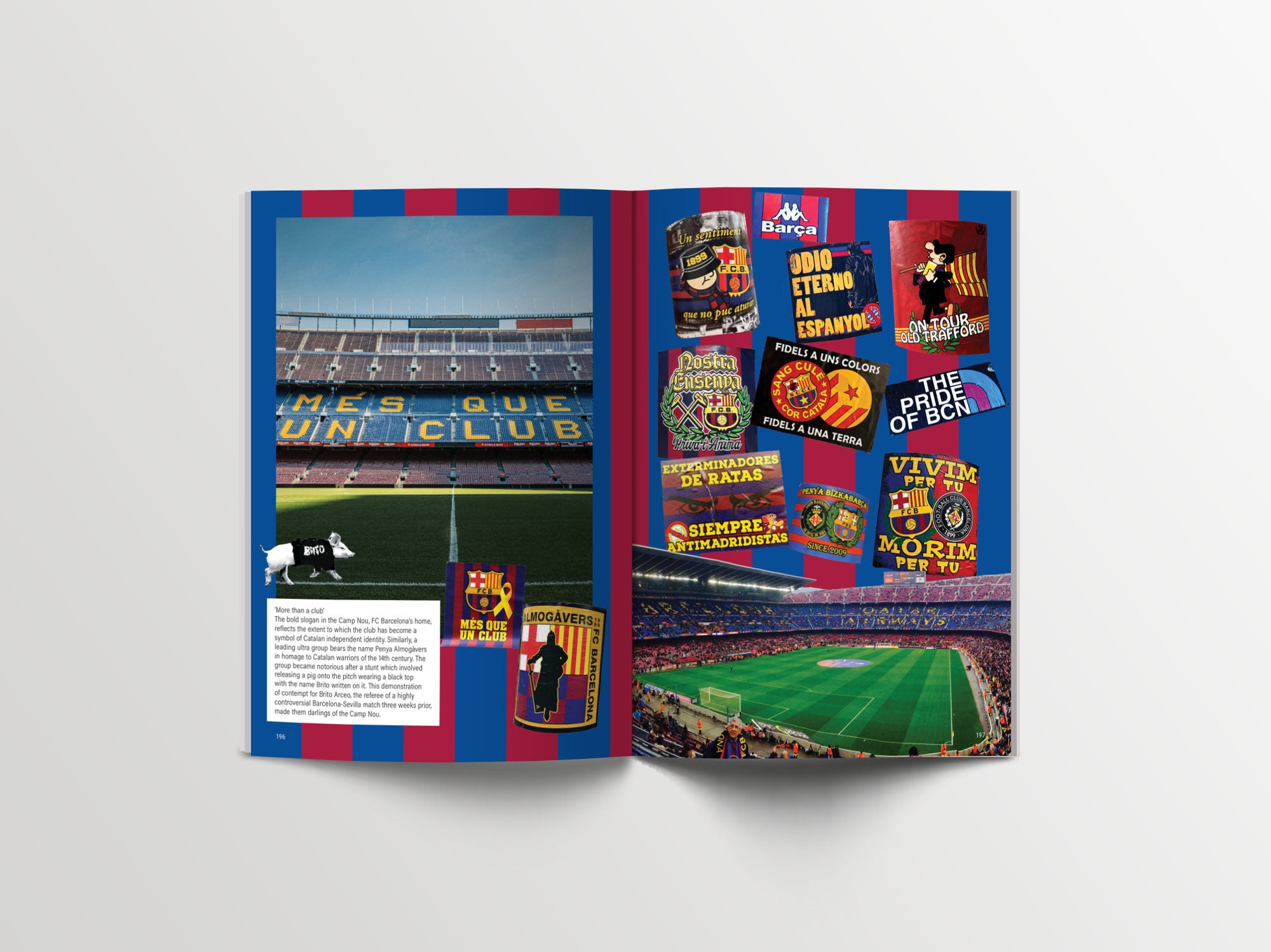 An open book displaying a two-page spread themed around FC Barcelona. The left page shows a photo of the empty Camp Nou stadium with "MÉS QUE UN CLUB" in the seats, along with a few stickers and text. The right page features a collage of FC Barcelona fan stickers with various slogans, set against a background with the club's red and blue colors.