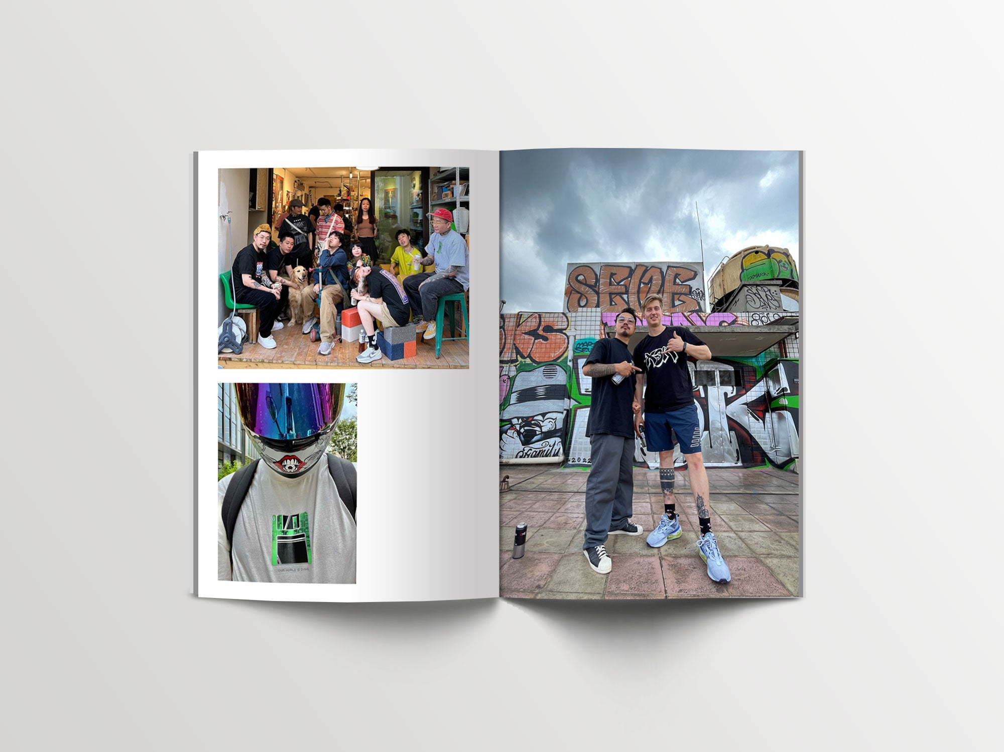 Urban-themed magazine pages with group photos, a person wearing a colorful helmet, and two people posing in front of a graffiti wall.