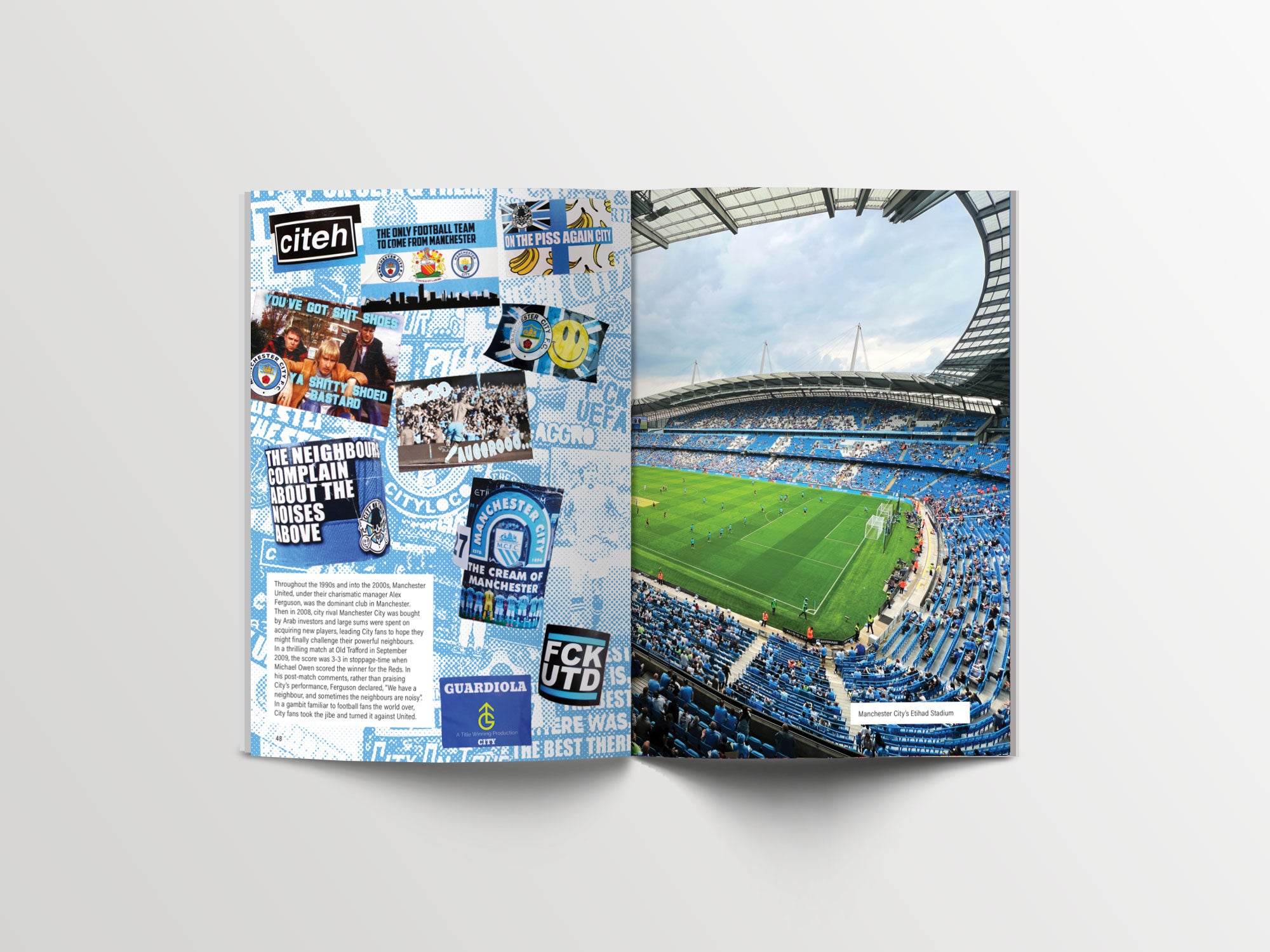 An open book displaying a two-page spread themed around Manchester City FC. The left page features a collage of various Manchester City fan stickers with slogans, images, and designs related to the club. The right page shows a wide-angle photo of the interior of Etihad Stadium, filled with fans and overlooking the pitch during a match. The spread emphasizes the vibrant fan culture and the atmosphere of the stadium.