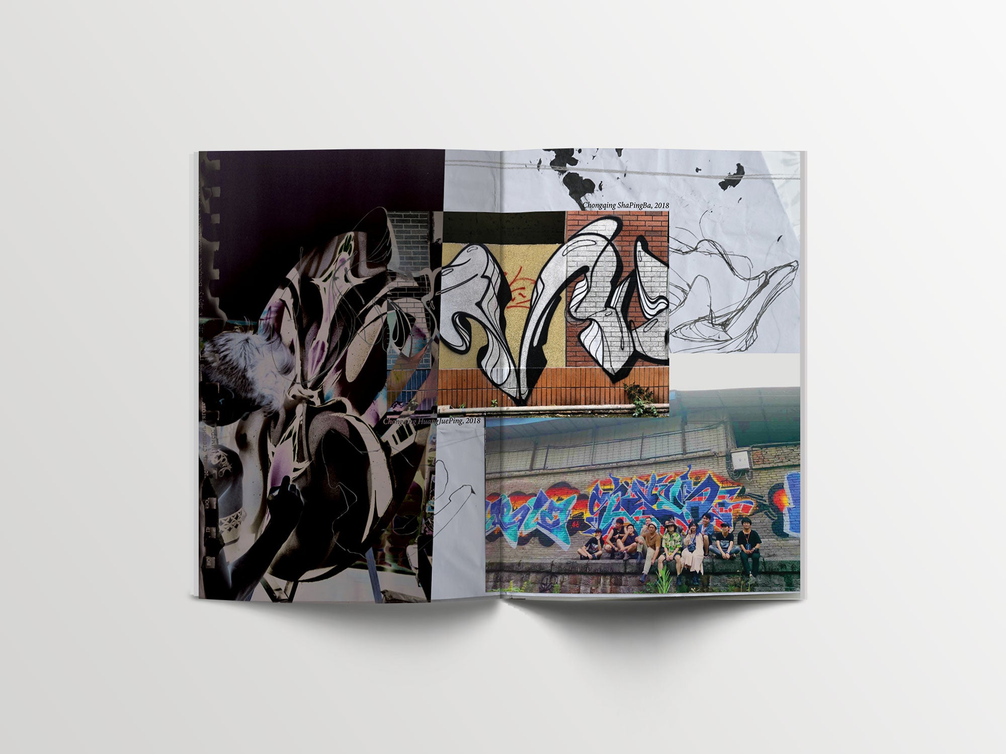 Urban-themed magazine spread showcasing a mix of graffiti artwork, sketches, and group photos of street artists.