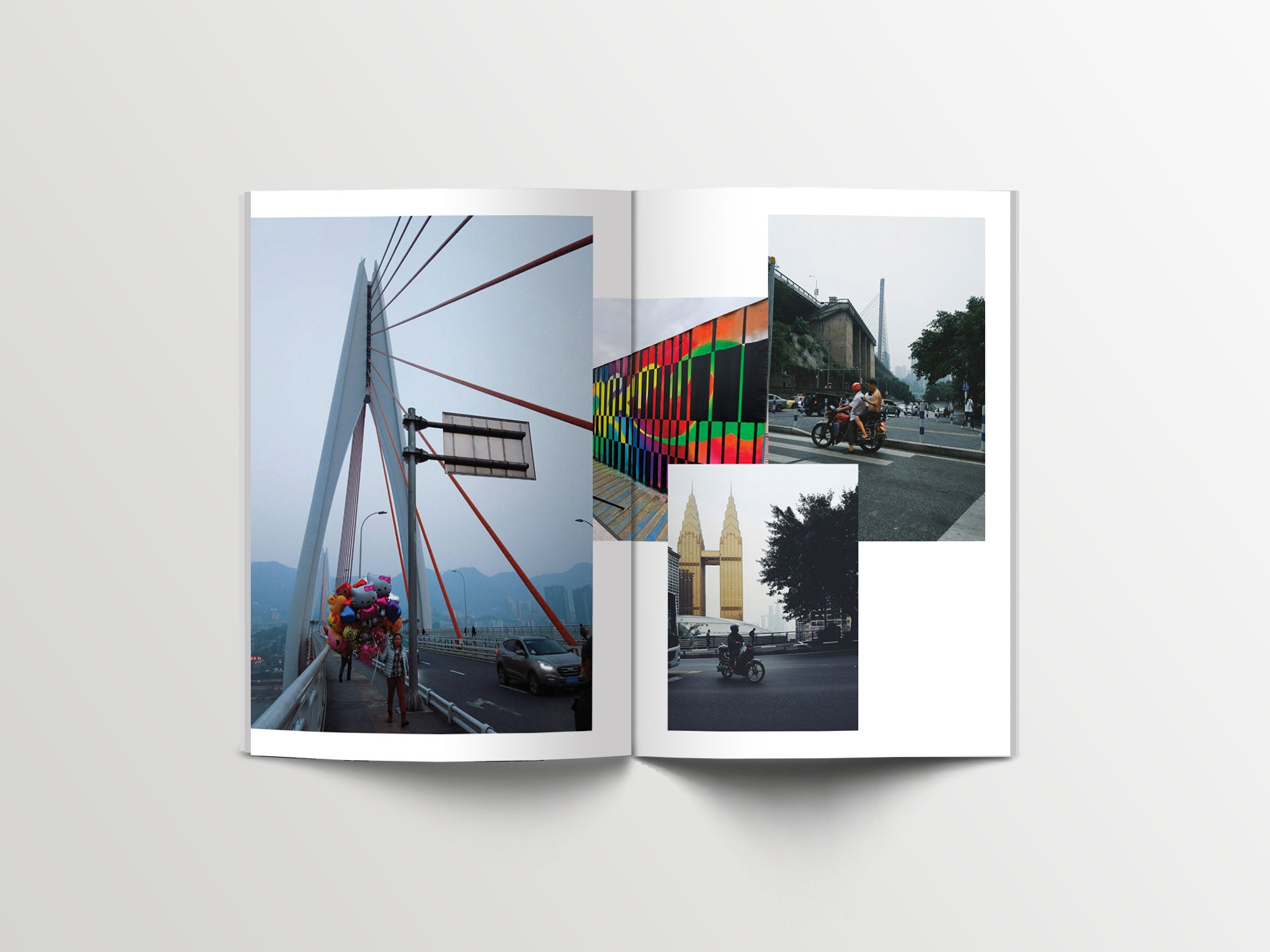 Open magazine spread featuring urban photography of Chongqing, China, including a bridge with balloons, colorful murals, and city scenes with motorbikes.