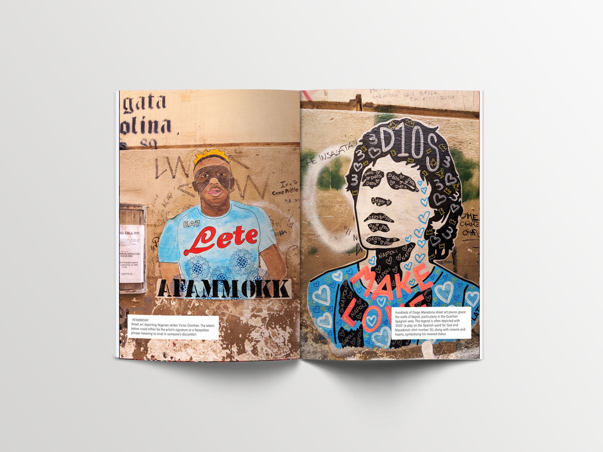 An open book displaying a two-page spread of street art featuring football players. The left page shows a mural of Napoli player Victor Osimhen in a Napoli jersey with "AFAMMOKK" below. The right page features a mural of Diego Maradona with "MAKE LOVE" and "D10S" around his portrait. Both murals are set against a weathered wall with additional graffiti.