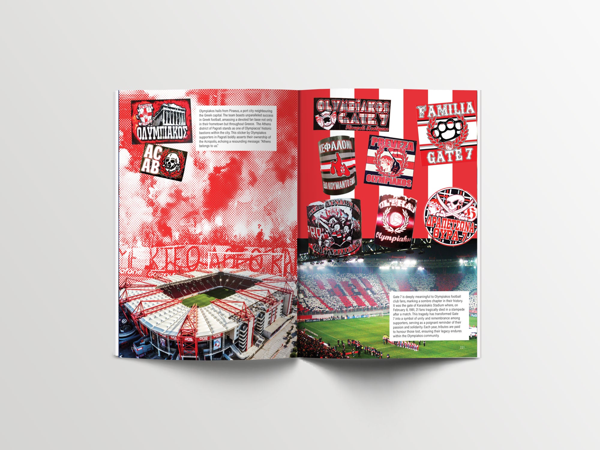 An open book displaying a two-page spread themed around Olympiacos FC. The left page features a photo of the Georgios Karaiskakis Stadium and a collage of fan stickers with various designs and slogans. The right page shows more Olympiacos fan stickers against a red and white striped background, along with a photo of the stadium filled with fans during a match. The spread highlights the passionate fan culture of Olympiacos supporters.