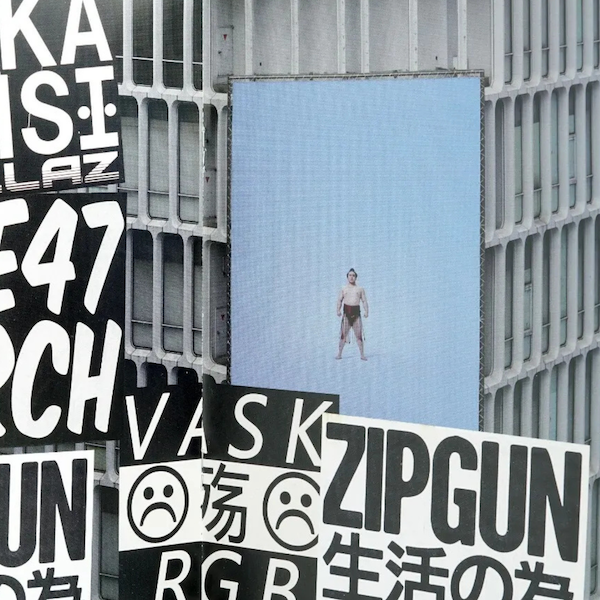 Inside spread from Tokyo Trash Zine featuring layered black-and-white typography, graffiti tags including Zipgun, and a striking digital billboard of a sumo wrestler, set against Tokyo’s brutalist architecture.