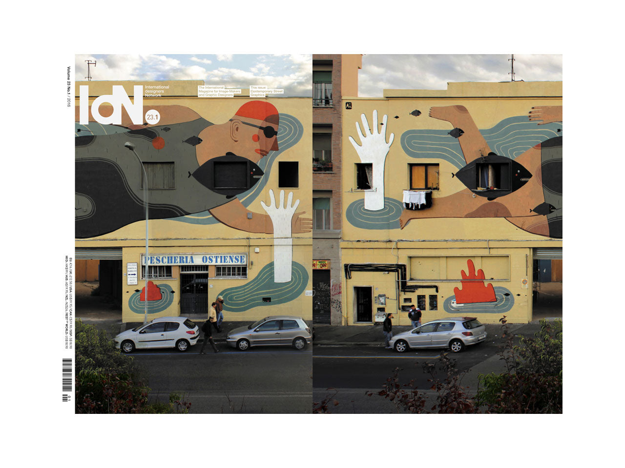 Artistic building facade with a large mural of abstract figures and hands, adding vibrant street art to the urban environment.