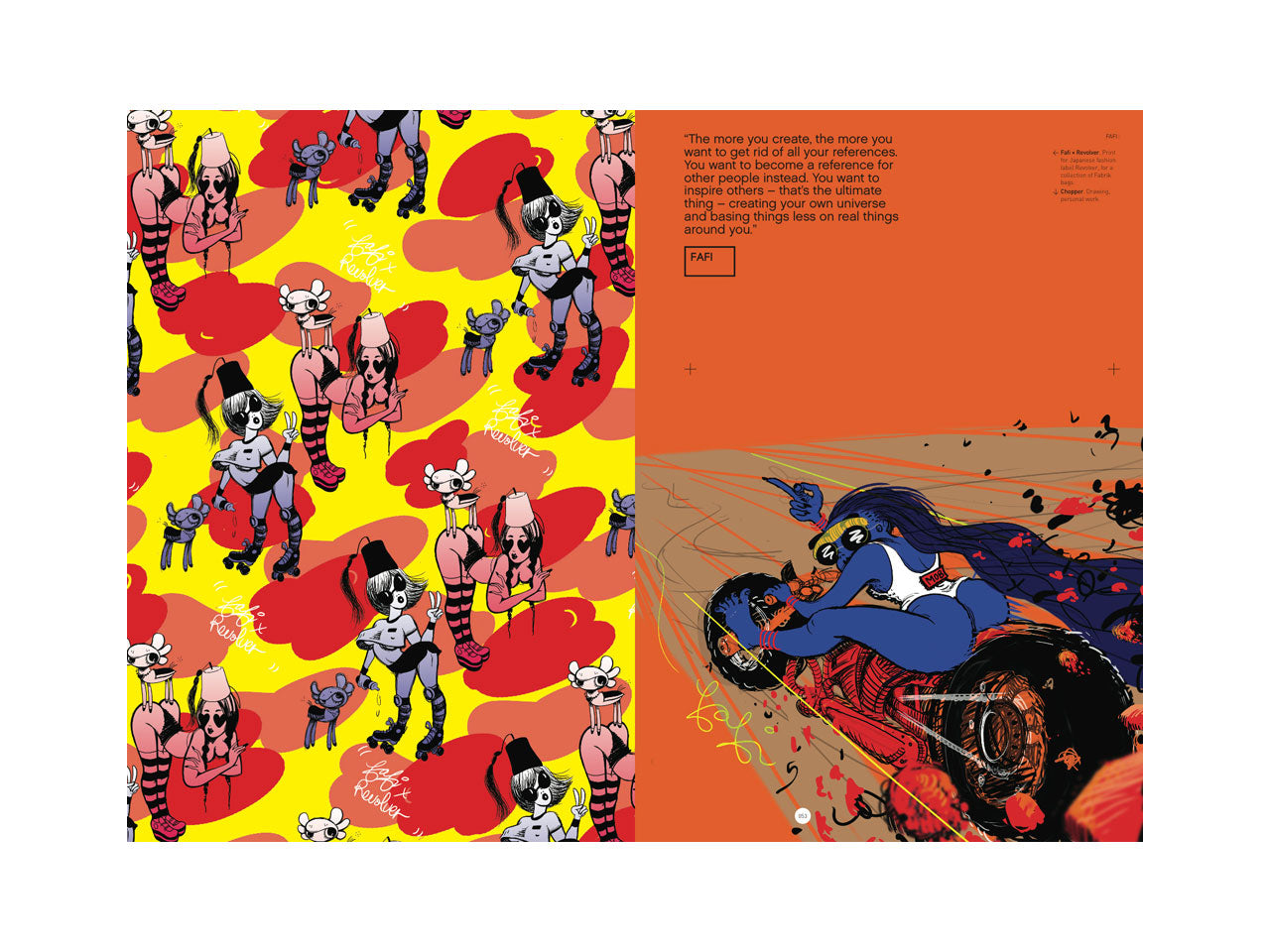 Magazine spread showcasing colorful, cartoon-like illustrations of figures on one page and a bold, action-packed drawing of a character on a high-tech vehicle on the other.