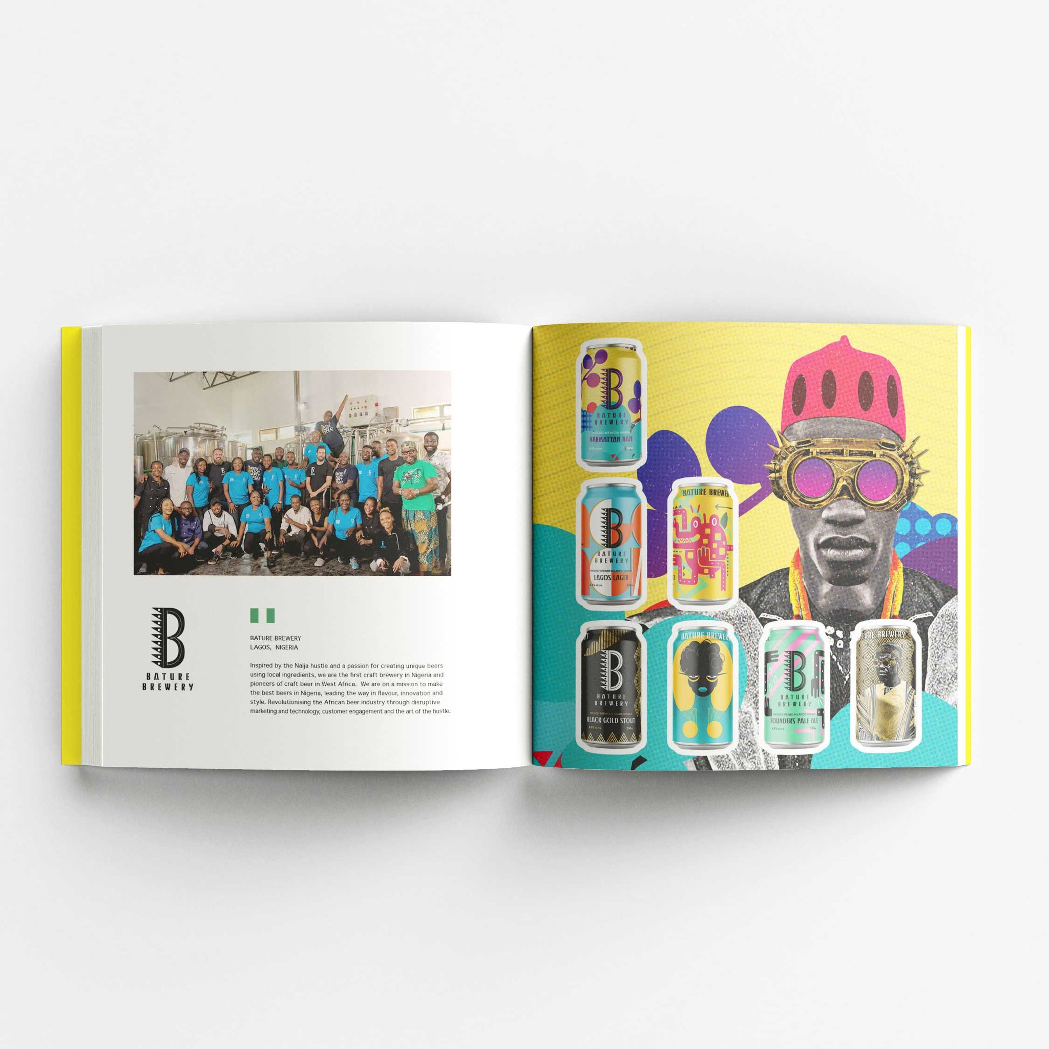 An open book displaying a two-page spread. The left page features a group photo of the Bature Brewery team from Nigeria, with the brewery logo and descriptive text about their operations. The right page showcases various Bature Brewery beer cans with vibrant and eclectic designs, set against a colorful background featuring an artistic image of a person wearing goggles and a traditional hat. The can designs are bold and eye-catching, reflecting the brewery's creative branding.
