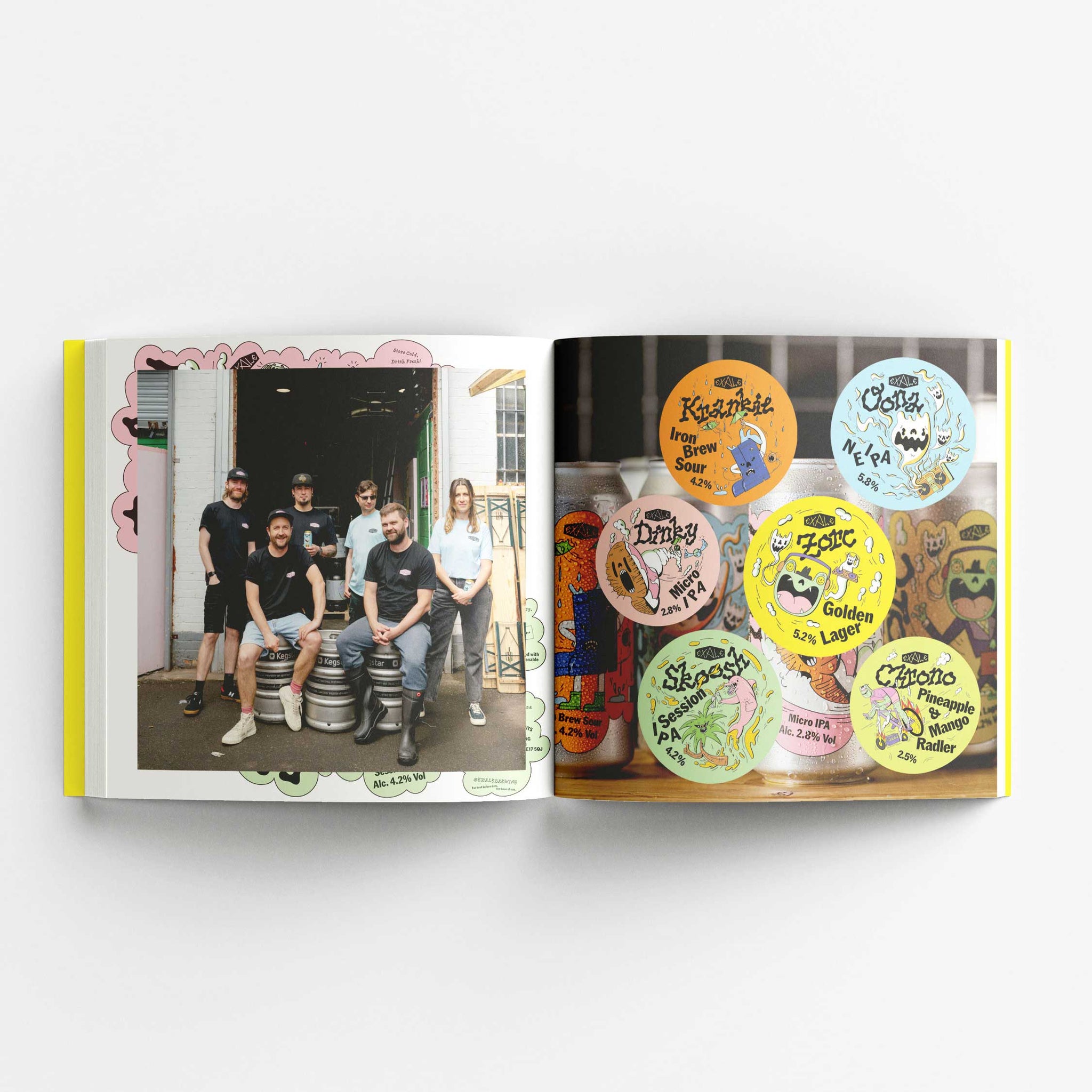 An open book displaying a two-page spread. The left page features a group photo of six people from the Exale brewery team, standing and sitting around beer kegs outside a building. The right page showcases close-up images of various beer can labels with colorful and playful designs, featuring names like "Iron Brew Sour," "Golden Lager," "Pineapple Mango Radler," and others. The labels have a hand-drawn, cartoonish style.