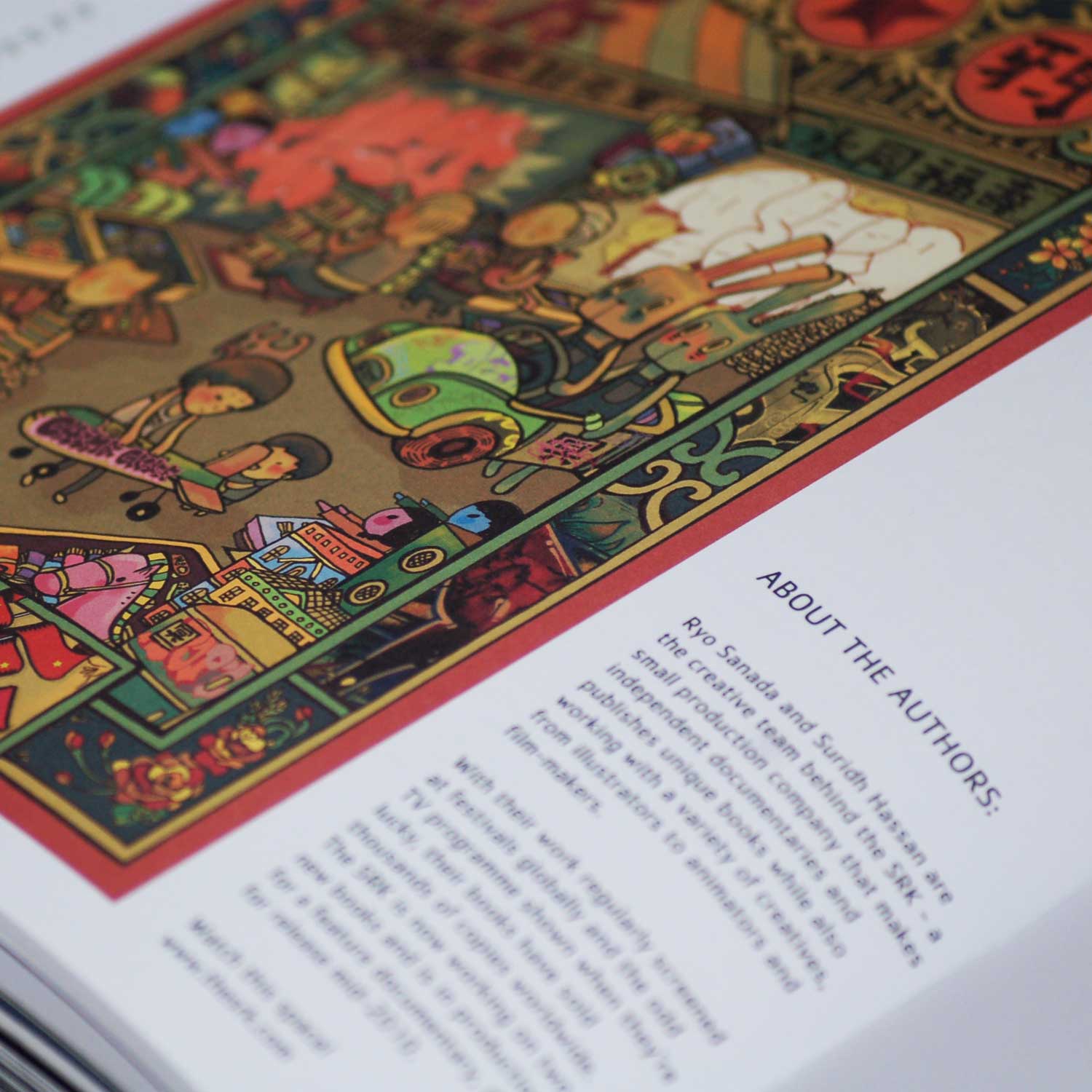 Open book from 'Graffiti Asia' showing a colorful, detailed illustration on the left page. The right page features an 'About the Authors' section, providing information about Ryo Sanada and Suridh Hassan, their background in independent documentaries and books, and their work with the SRK production company.