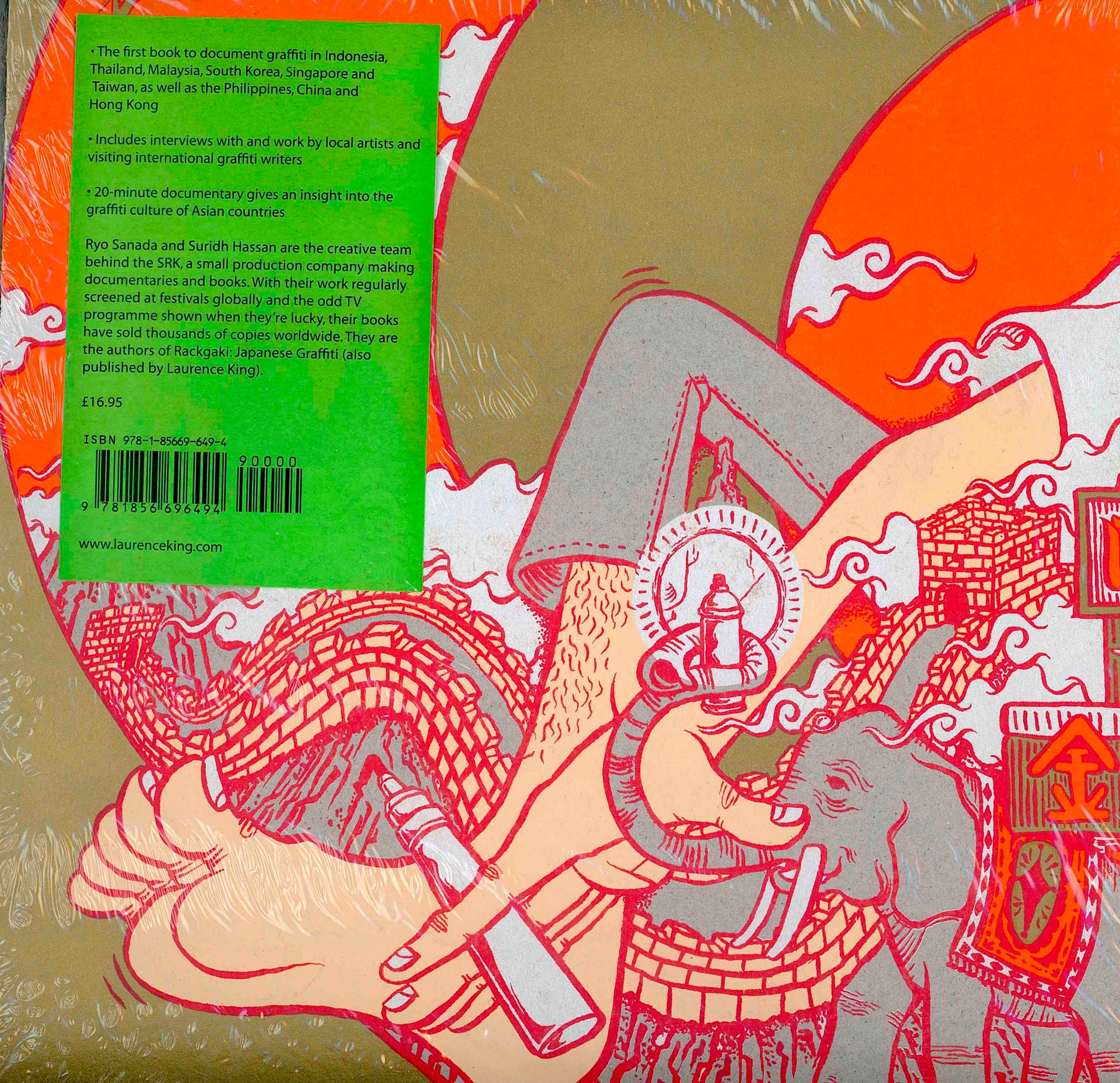 Back cover of 'Graffiti Asia' by Ryo Sanada and Suridh Hassan. The green text box details the book's focus on graffiti in several Asian countries, including artist interviews and a documentary. The right side features a detailed red and orange illustration with Asian-inspired designs, including an elephant and a spray can.